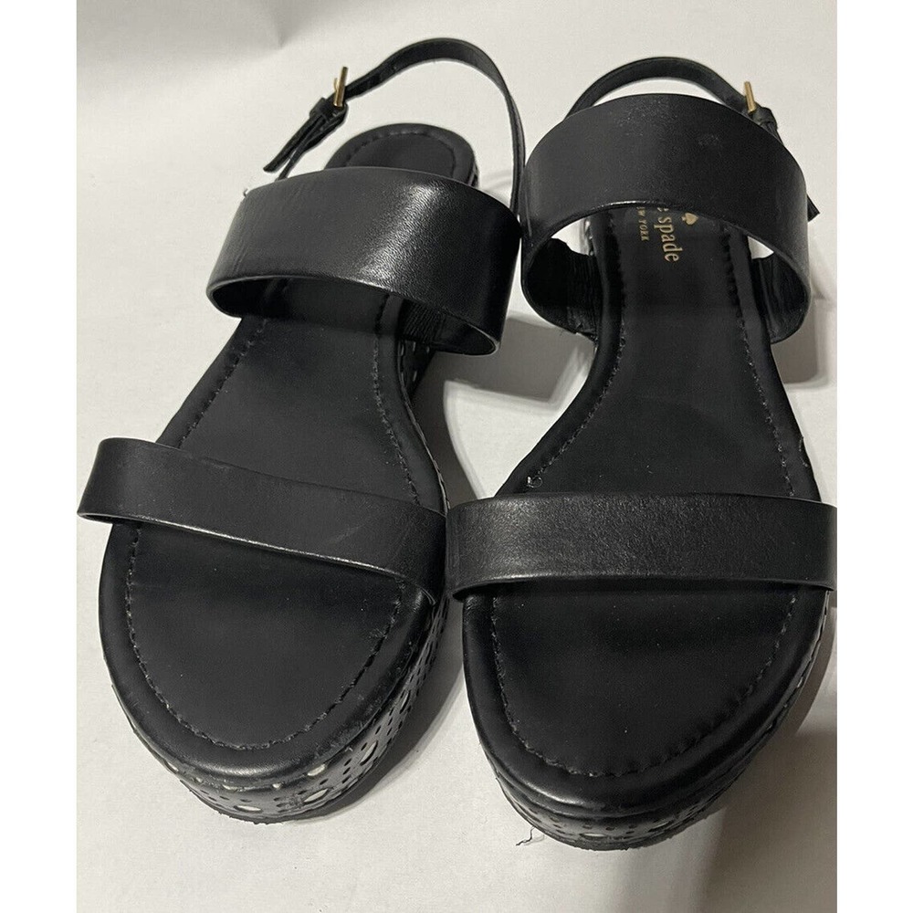 KATE SPADE black leather sandals with‎ white polka dot platforms size 8.5